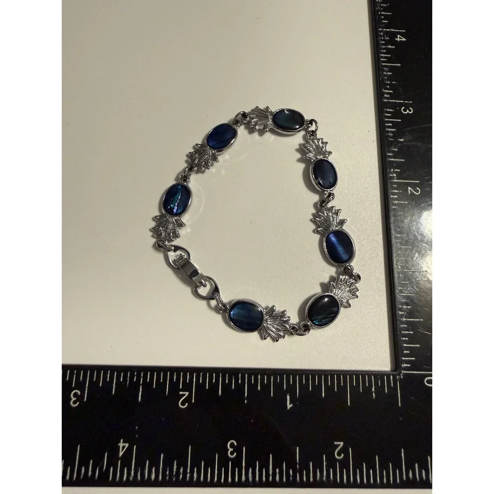 Silver Tone Blue Pineapple Bracelet Tropical Cabochon Fold Over Clasp 7.25in